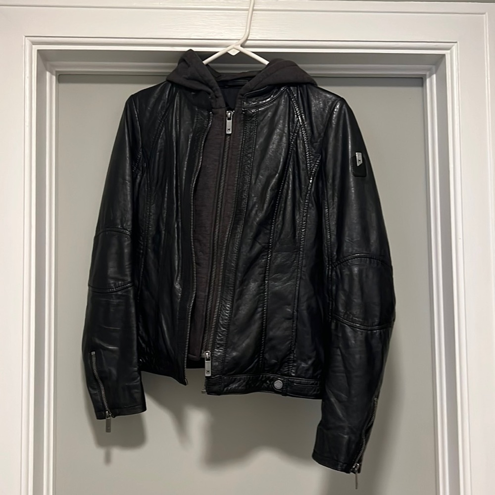 Mauritius black leather jacket with grey hoodie liner